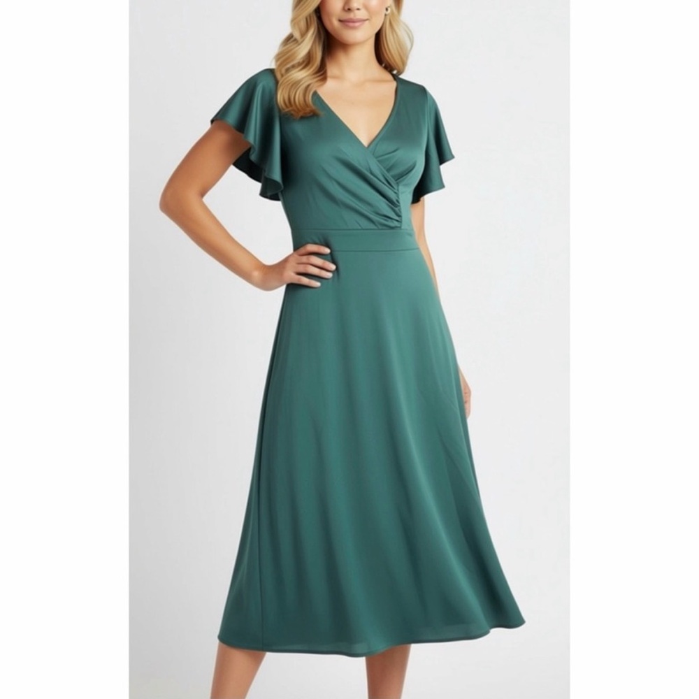Elegant Flutter Sleeve V-Neck Midi Dress
